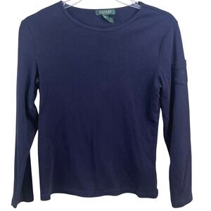 Lauren Ralph Lauren Petite Navy Long Sleeve‎ Pull Over T-Shirt Sleeve Pocket LP